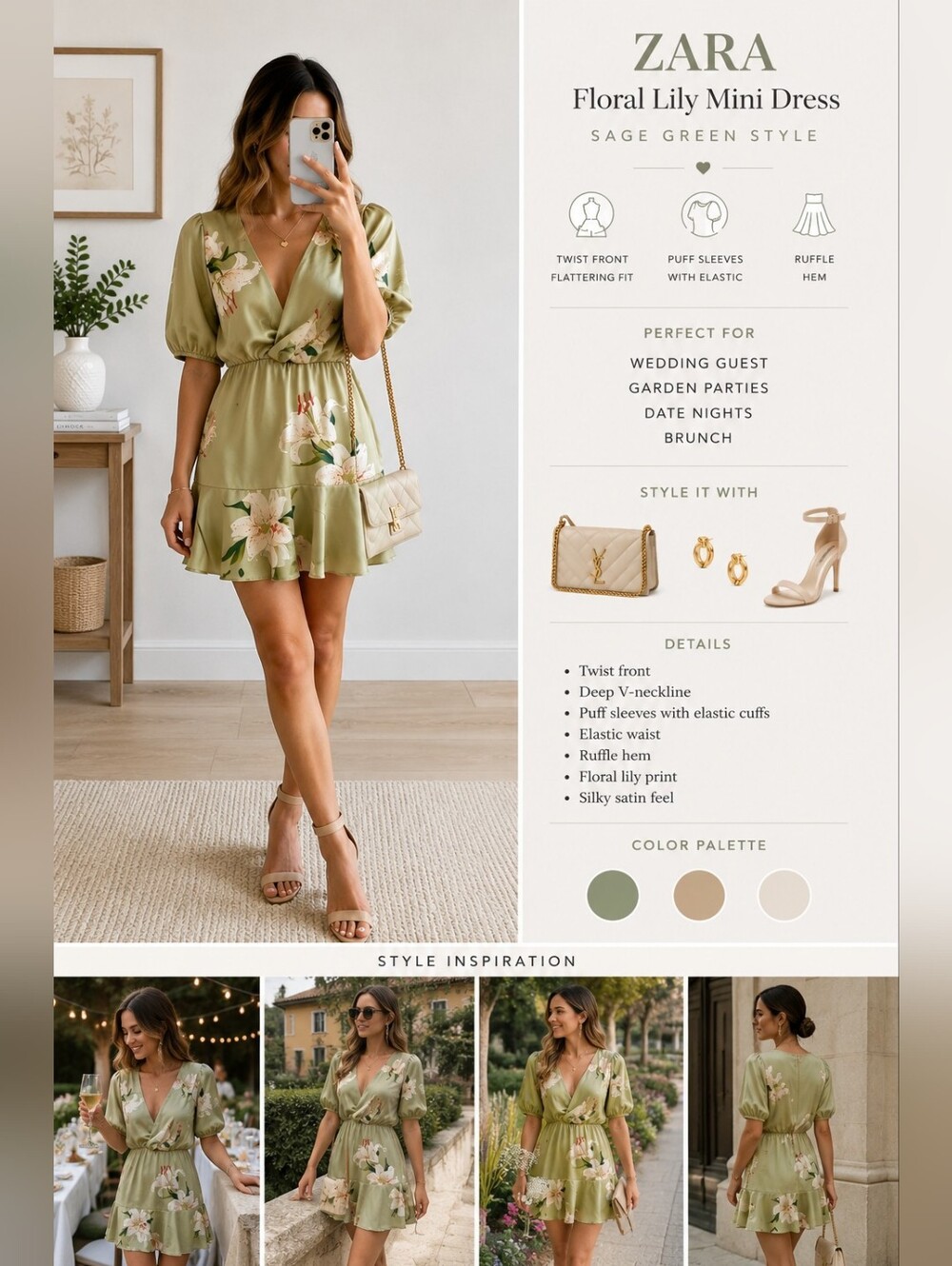 Zara Sage Green Lily Floral Twist Front Mini Dress Size Small